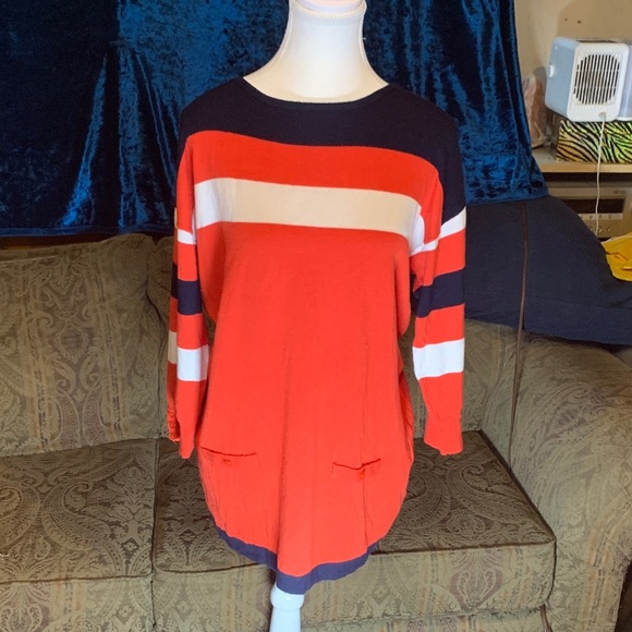 Orly Sweater 100% Cotton pockets Boat Yacht Red White and Blue Chic Pullover Y2K - Picture 4 of 9